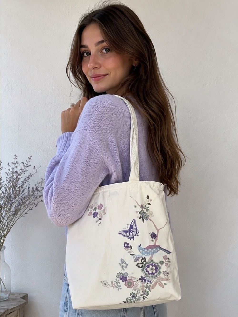 Accessorize Floral Butterfly Doublesided Tote Bag - Cream and Purple
